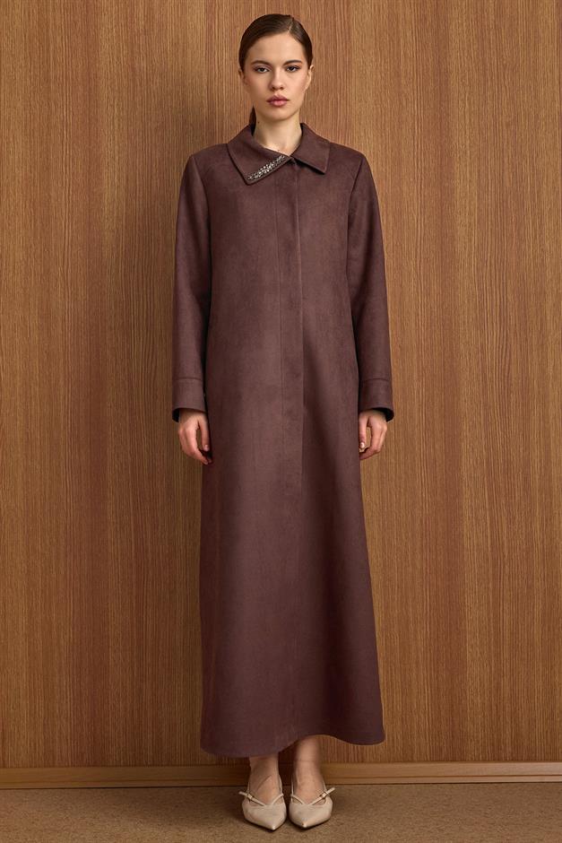 Devrik Yaka Taş Detaylı Süet Görünümlü Büyük Beden Pardesü KAHVE 6795