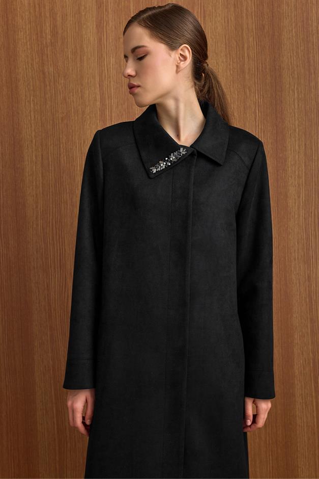Devrik Yaka Taş Detaylı Süet Görünümlü Büyük Beden Pardesü SİYAH 6795