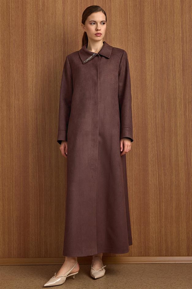 Devrik Yaka Taş Detaylı Süet Görünümlü Büyük Beden Pardesü KAHVE 6795