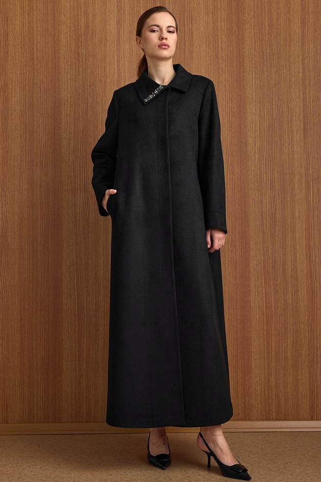 Devrik Yaka Taş Detaylı Süet Görünümlü Büyük Beden Pardesü SİYAH 6795