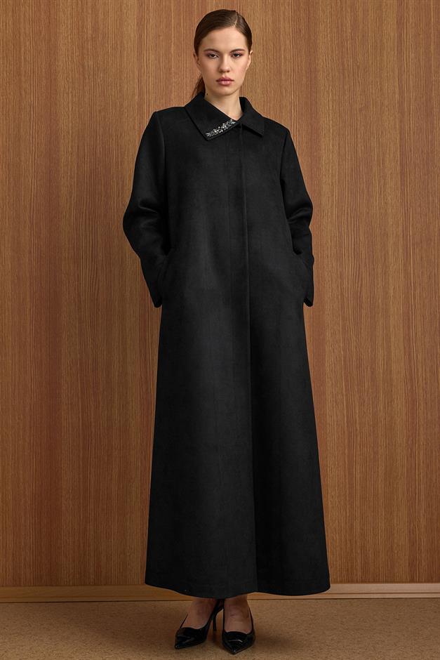 Devrik Yaka Taş Detaylı Süet Görünümlü Büyük Beden Pardesü SİYAH 6795