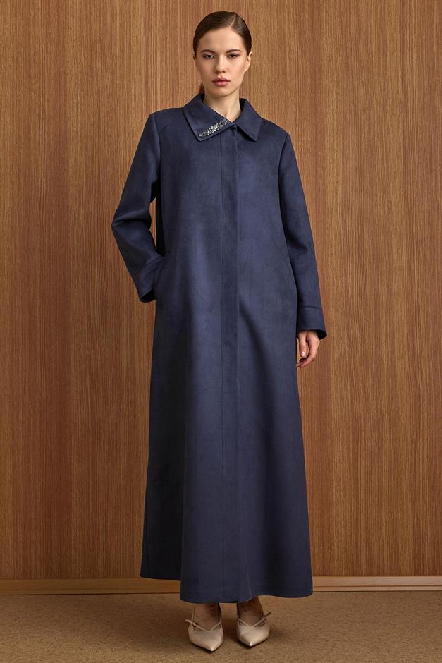 Devrik Yaka Taş Detaylı Süet Görünümlü Büyük Beden Pardesü LACİVERT 6795