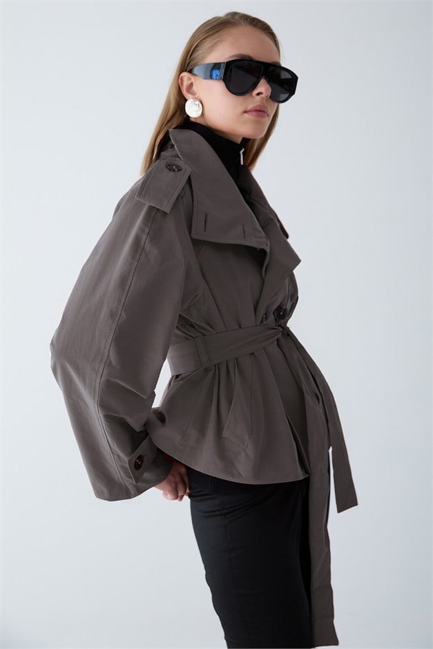 Dik Yaka Apolet Detaylı Oversize Kısa Trençkot ANTRASİT 6934