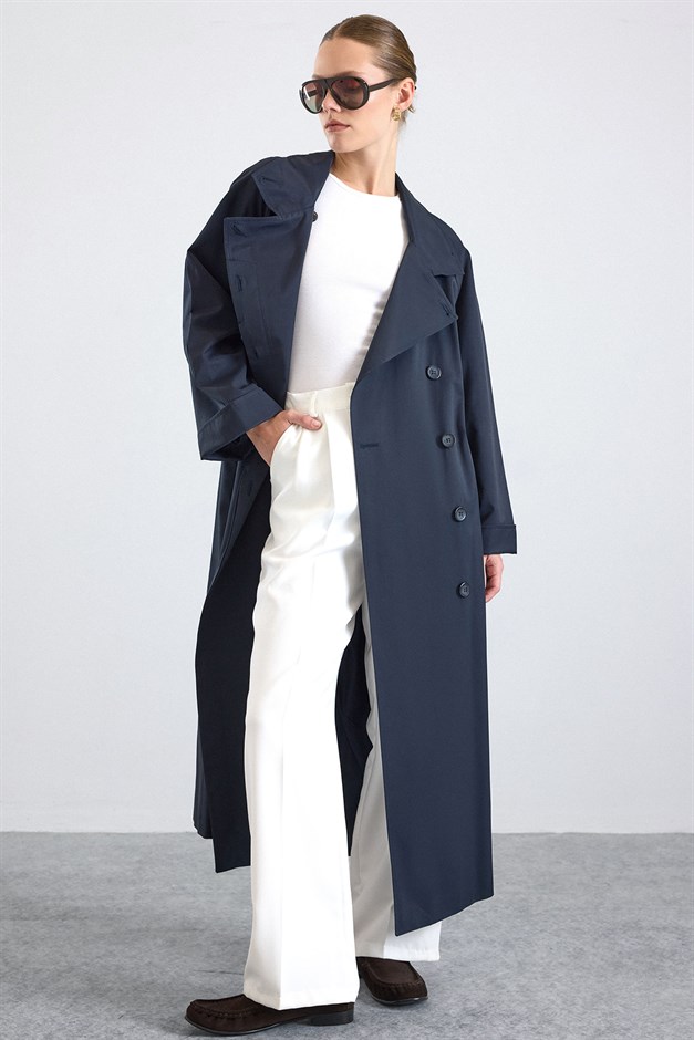 Dik Yaka Oversize Su İtici Özellikli Trençkot LACİVERT 6874