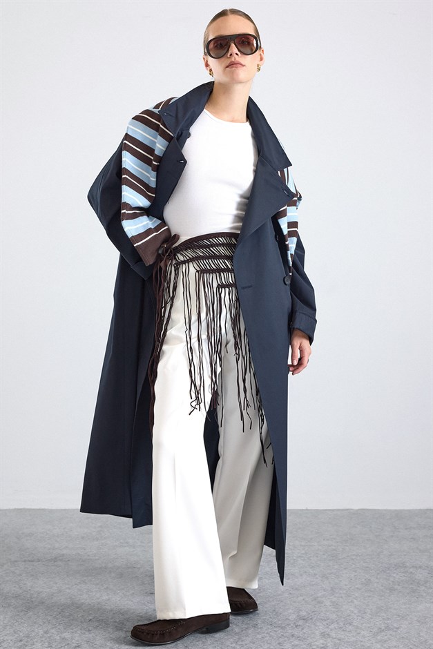 Dik Yaka Oversize Su İtici Özellikli Trençkot LACİVERT 6874