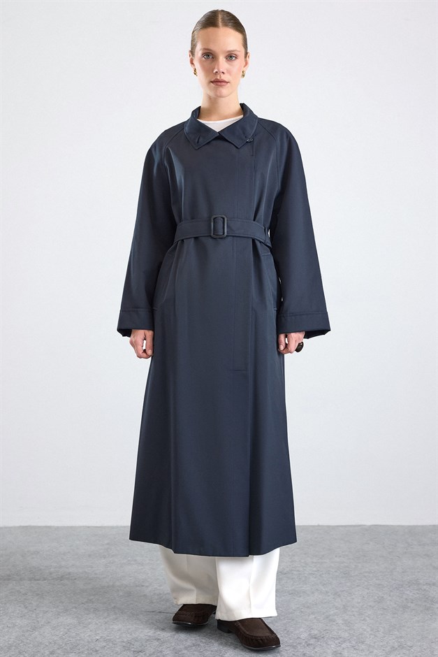 Dik Yaka Oversize Su İtici Özellikli Trençkot LACİVERT 6874