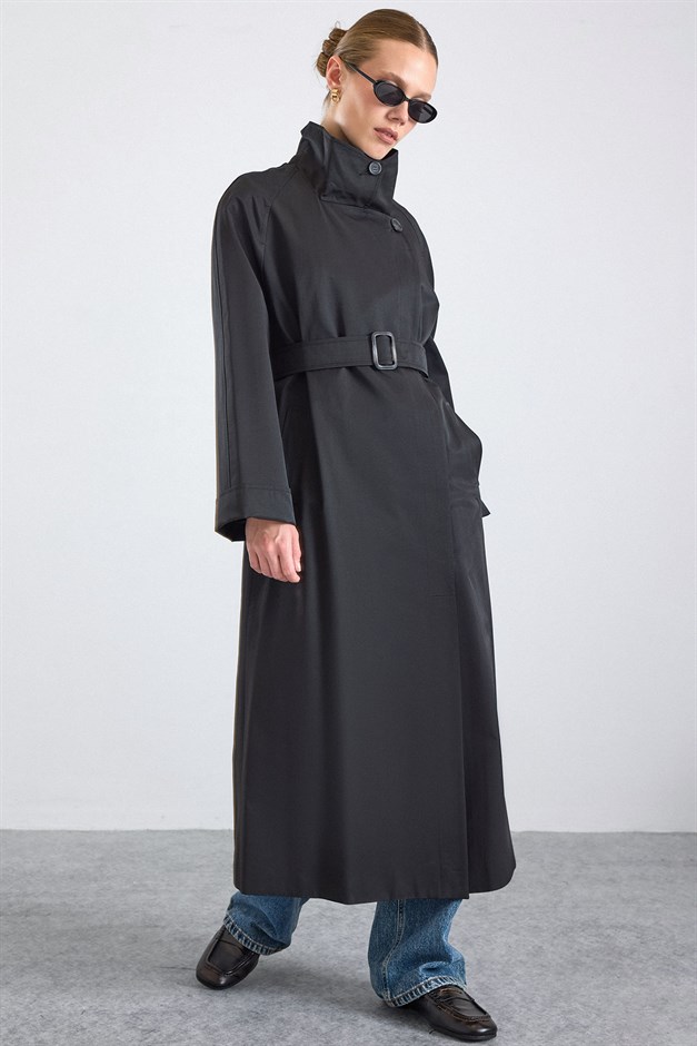 Dik Yaka Oversize Su İtici Özellikli Trençkot SİYAH 6874