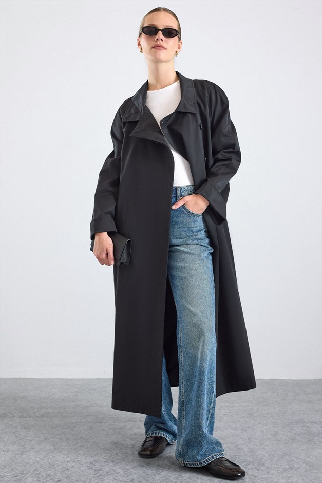 Dik Yaka Oversize Su İtici Özellikli Trençkot SİYAH 6874