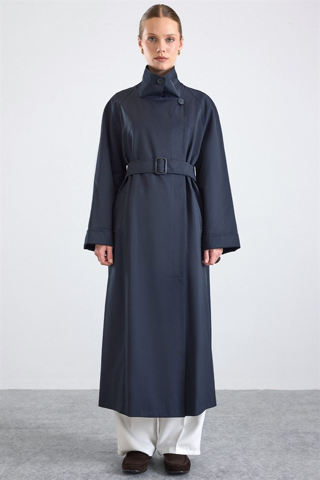 Dik Yaka Oversize Su İtici Özellikli Trençkot LACİVERT 6874