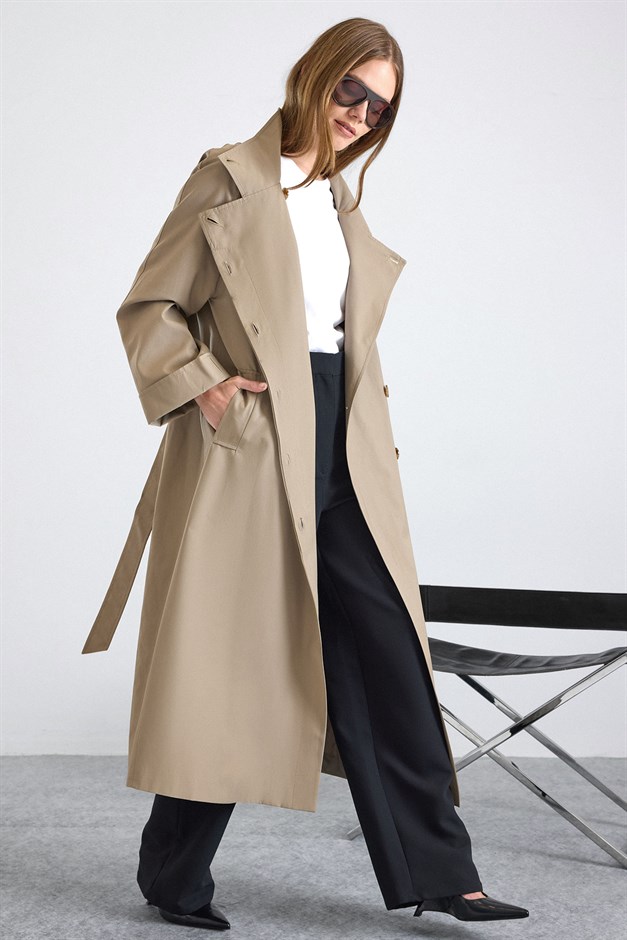Dik Yaka Oversize Su İtici Özellikli Trençkot TAŞ 6874