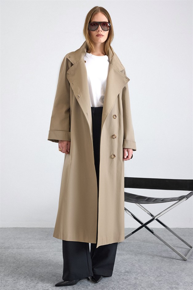 Dik Yaka Oversize Su İtici Özellikli Trençkot TAŞ 6874