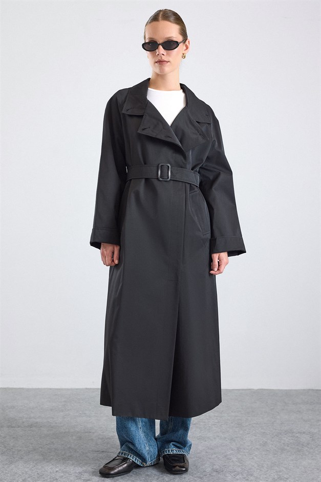 Dik Yaka Oversize Su İtici Özellikli Trençkot SİYAH 6874