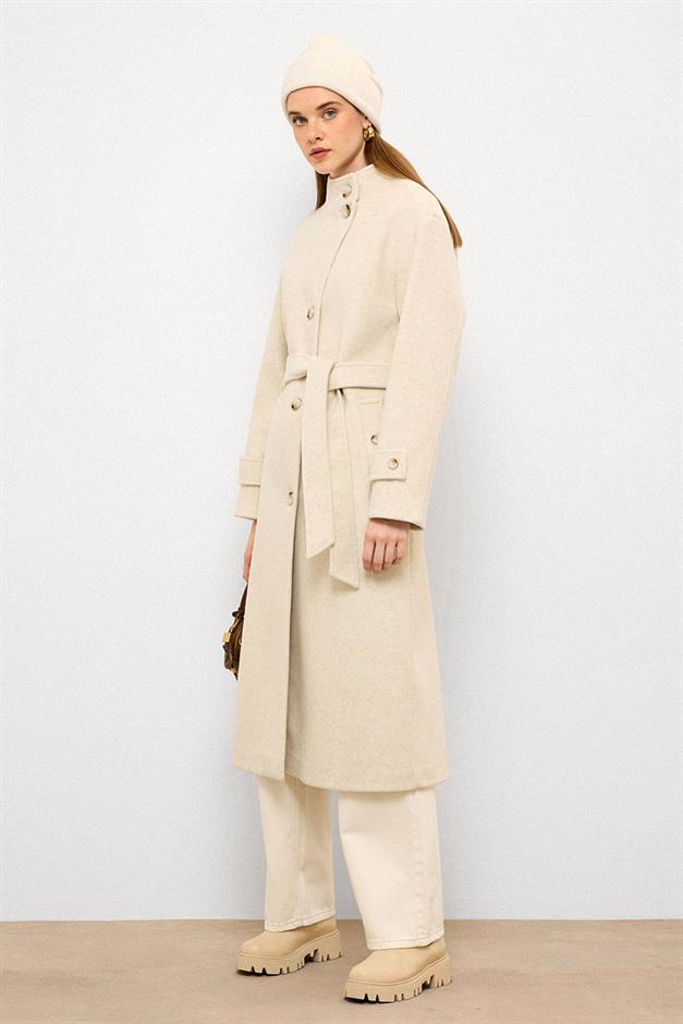 Stand Collar Oversize Long Coat BEJ MELANJ 3124