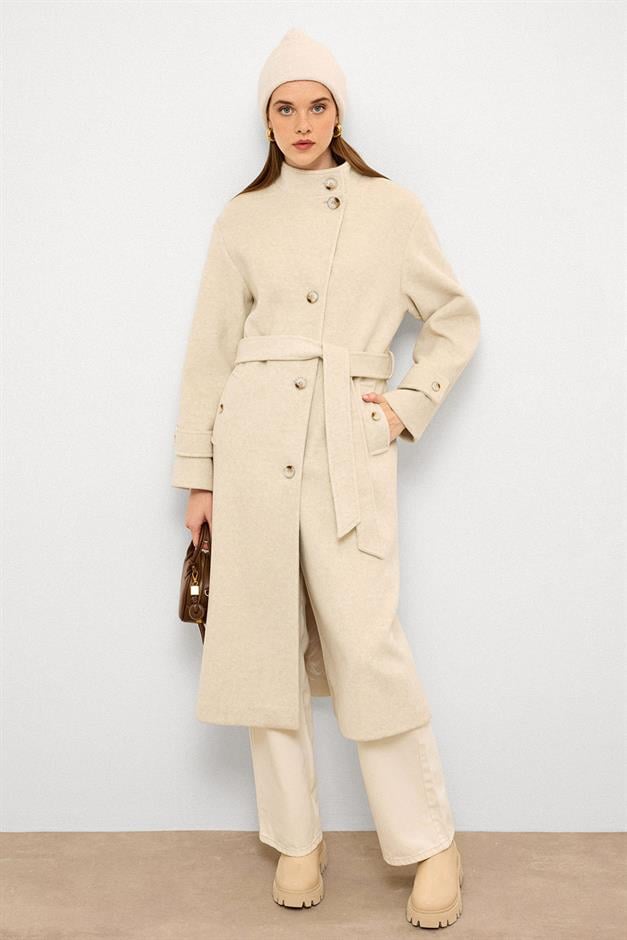 Stand Collar Oversize Long Coat BEJ MELANJ 3124