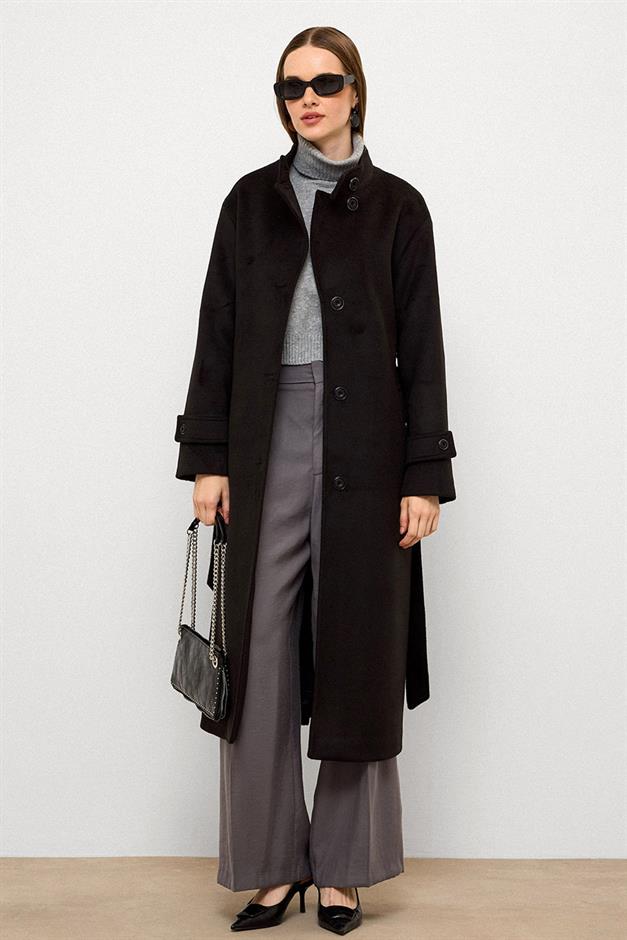 معطف طويل كبير الحجم بياقة واقفة أسود 3124