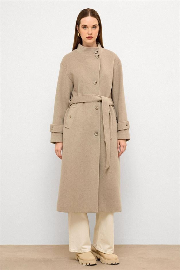 معطف طويل كبير الحجم بياقة واقفة مزيج الحجارة 3124