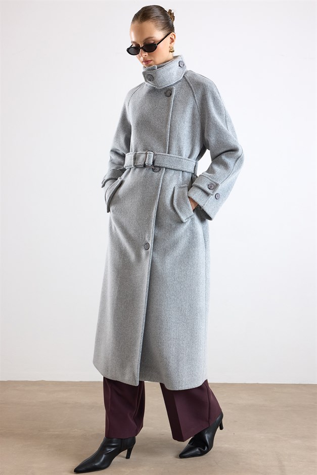Dik Yaka Pat Detaylı Oversize Kaban AÇIK GRİ 3177