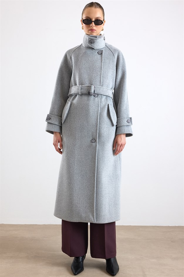 Dik Yaka Pat Detaylı Oversize Kaban AÇIK GRİ 3177