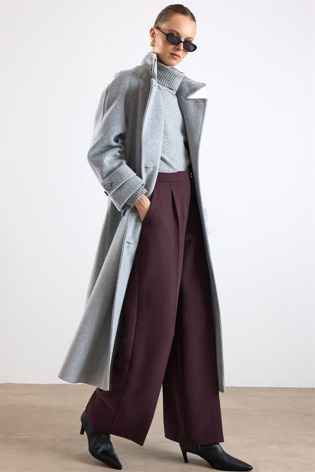 Dik Yaka Pat Detaylı Oversize Kaban AÇIK GRİ 3177