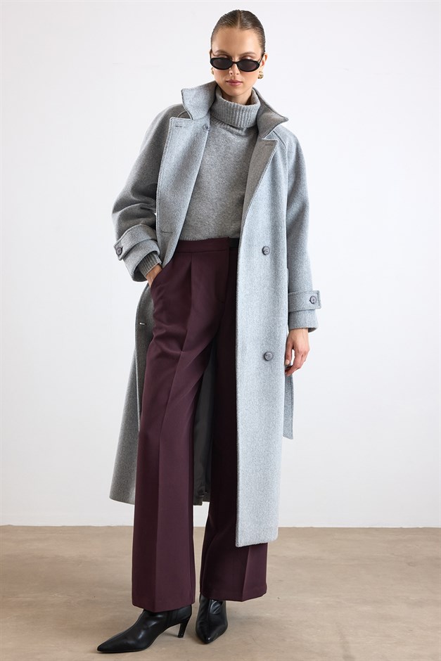 Dik Yaka Pat Detaylı Oversize Kaban AÇIK GRİ 3177
