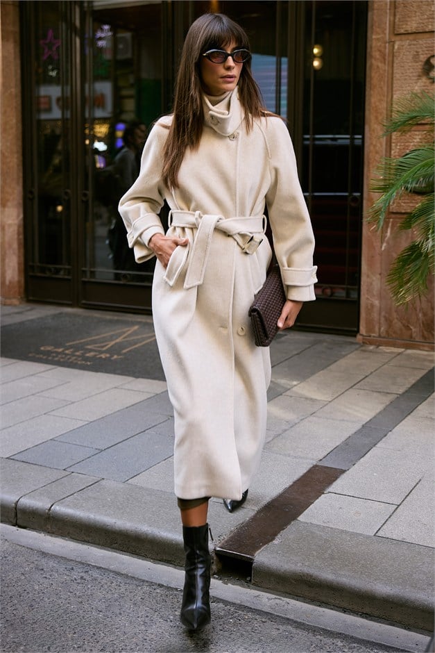 Dik Yaka Pat Detaylı Oversize Kaban BEJ MELANJ 3177
