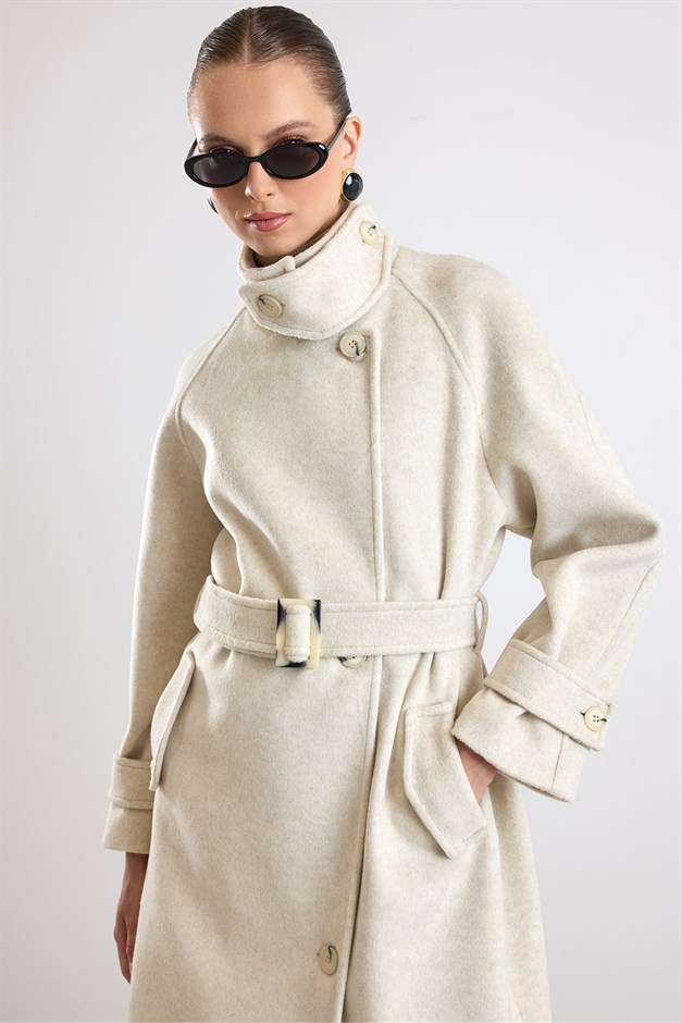 Dik Yaka Pat Detaylı Oversize Kaban BEJ MELANJ 3177