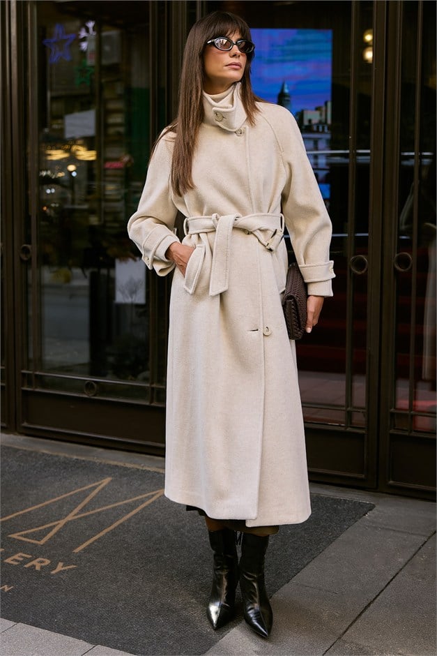 Dik Yaka Pat Detaylı Oversize Kaban BEJ MELANJ 3177