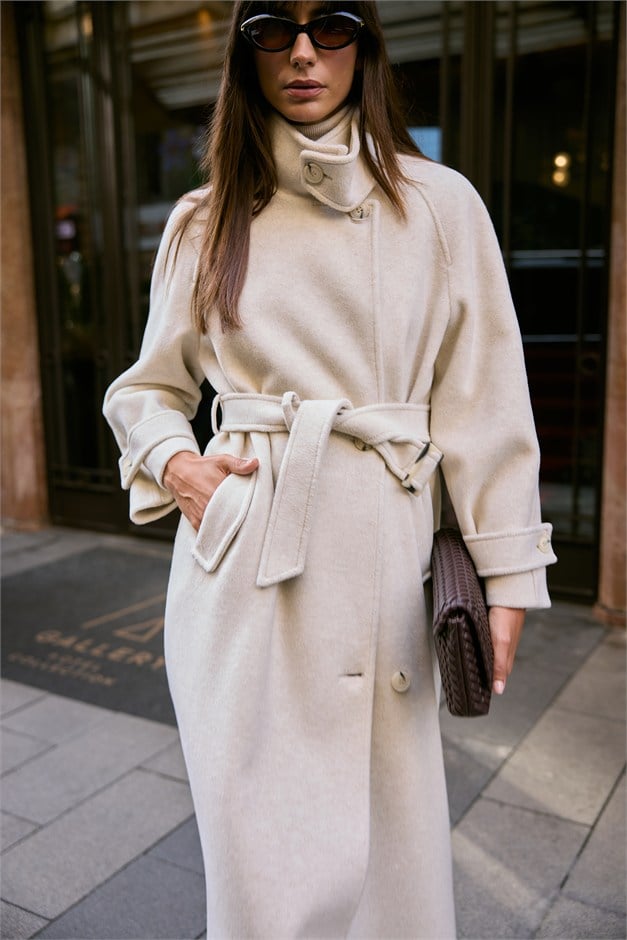 Dik Yaka Pat Detaylı Oversize Kaban BEJ MELANJ 3177