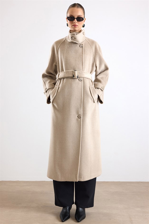 Dik Yaka Pat Detaylı Oversize Kaban TAŞ 3177