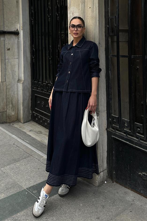 Denim Suit with Stitched Detail and Skirt Jacket NAVY 9267-TK
