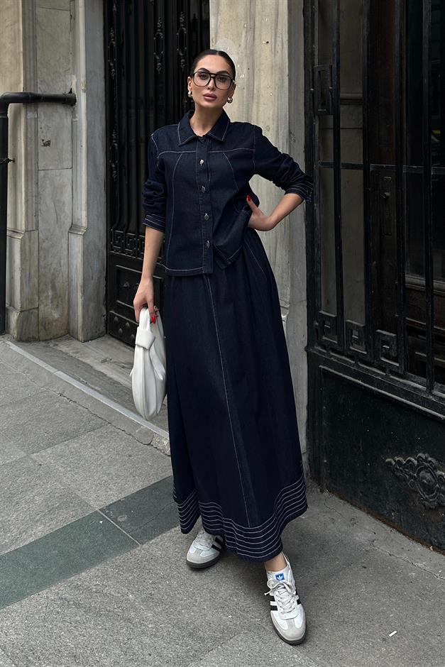 Denim Suit with Stitched Detail and Skirt Jacket NAVY 9267-TK
