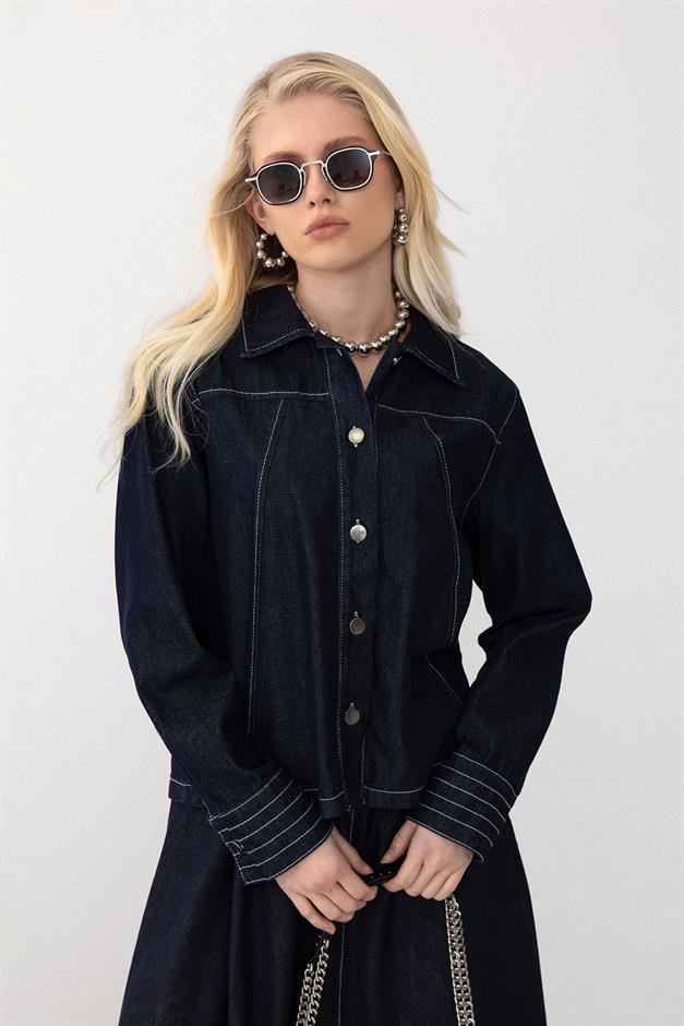 Denim Suit with Stitched Detail and Skirt Jacket NAVY 9267-TK