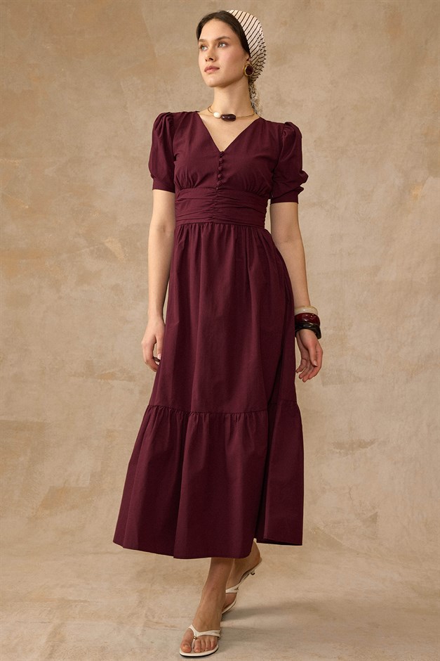 Drape Detaylı Karpuz Kol Pamuklu Elbise BORDO 9457-E