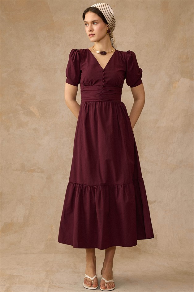 Drape Detaylı Karpuz Kol Pamuklu Elbise BORDO 9457-E