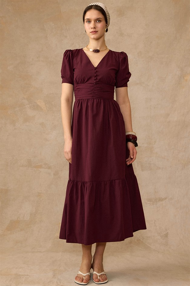 Drape Detaylı Karpuz Kol Pamuklu Elbise BORDO 9457-E