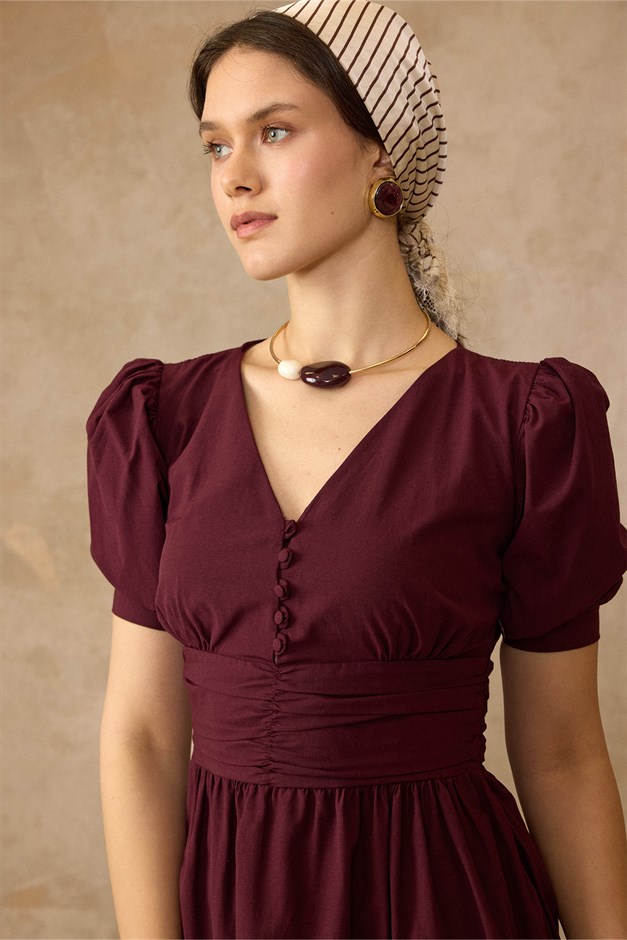 Drape Detaylı Karpuz Kol Pamuklu Elbise BORDO 9457-E