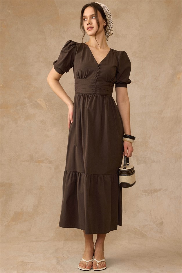 Drape Detaylı Karpuz Kol Pamuklu Elbise KAHVE 9457-E