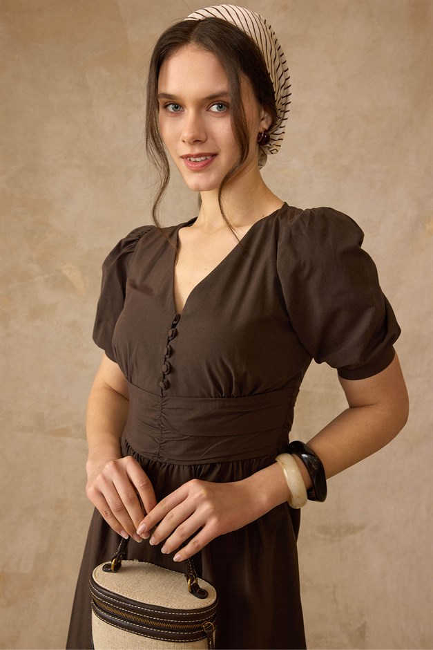 Drape Detaylı Karpuz Kol Pamuklu Elbise KAHVE 9457-E