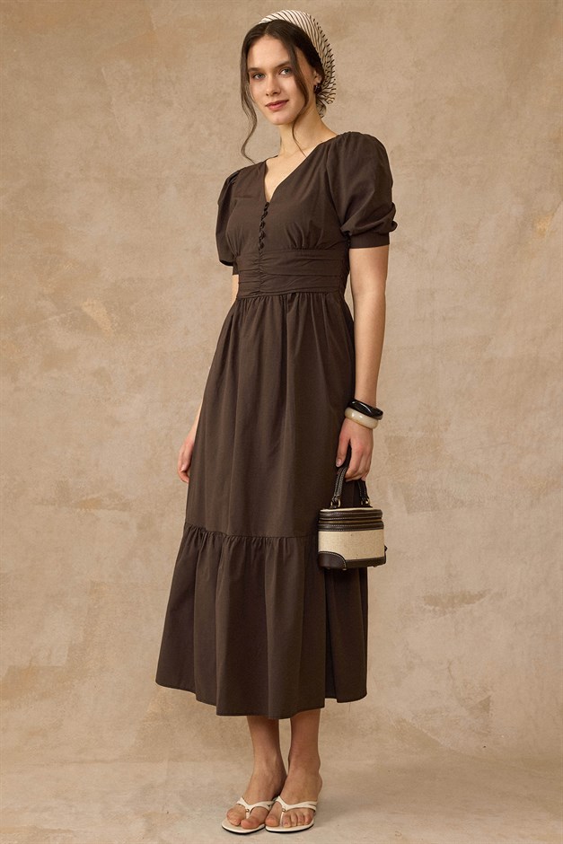 Drape Detaylı Karpuz Kol Pamuklu Elbise KAHVE 9457-E