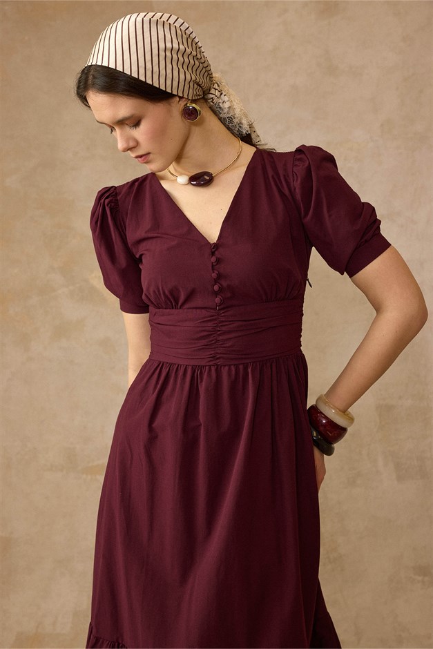 Drape Detaylı Karpuz Kol Pamuklu Elbise BORDO 9457-E