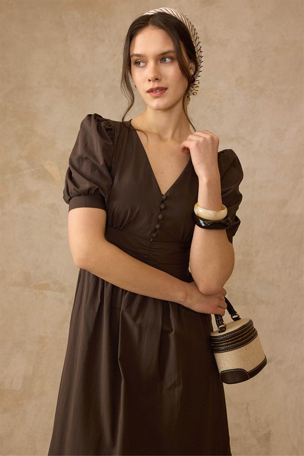 Drape Detaylı Karpuz Kol Pamuklu Elbise KAHVE 9457-E