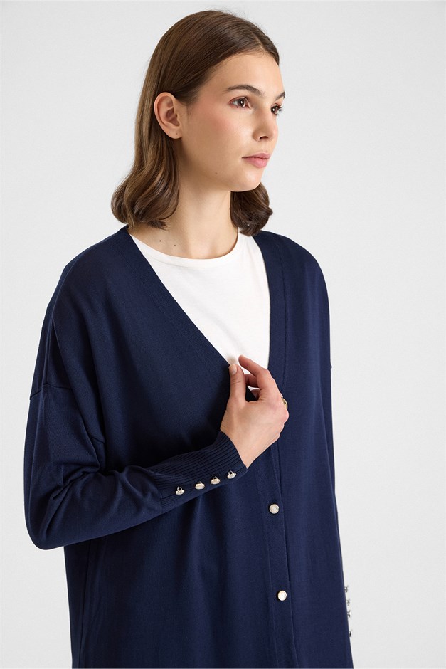Düğme Kapamalı V Yaka Uzun Triko Hırka LACİVERT 8291