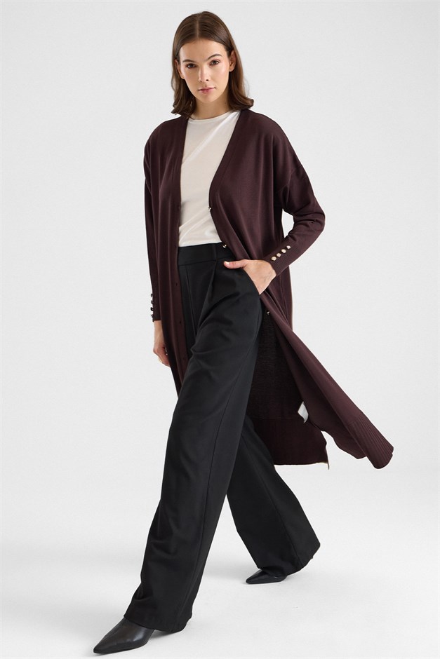 Düğme Kapamalı V Yaka Uzun Triko Hırka KAHVE 8291