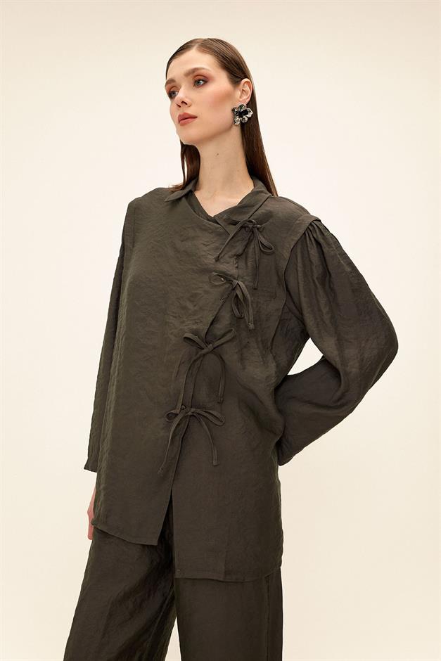 Button and Lace Detailed Trouser Tunic Set SMOKE 9334-TK