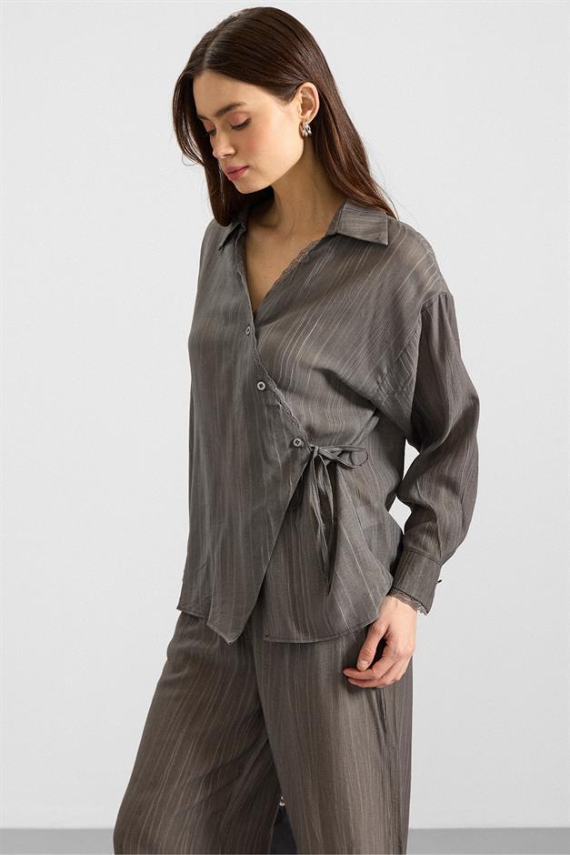 Düğme ve Bağcık Kapamalı Kimono Pantolon İkili Takım ANTRASİT 9414-TK