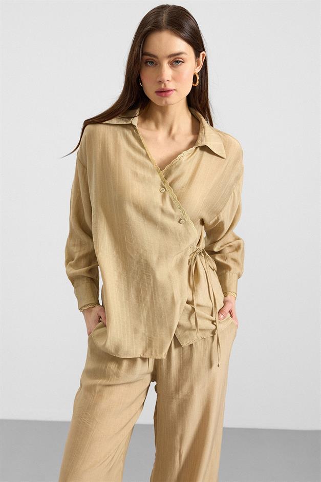 Düğme ve Bağcık Kapamalı Kimono Pantolon İkili Takım AÇIK YEŞİL 9414-TK