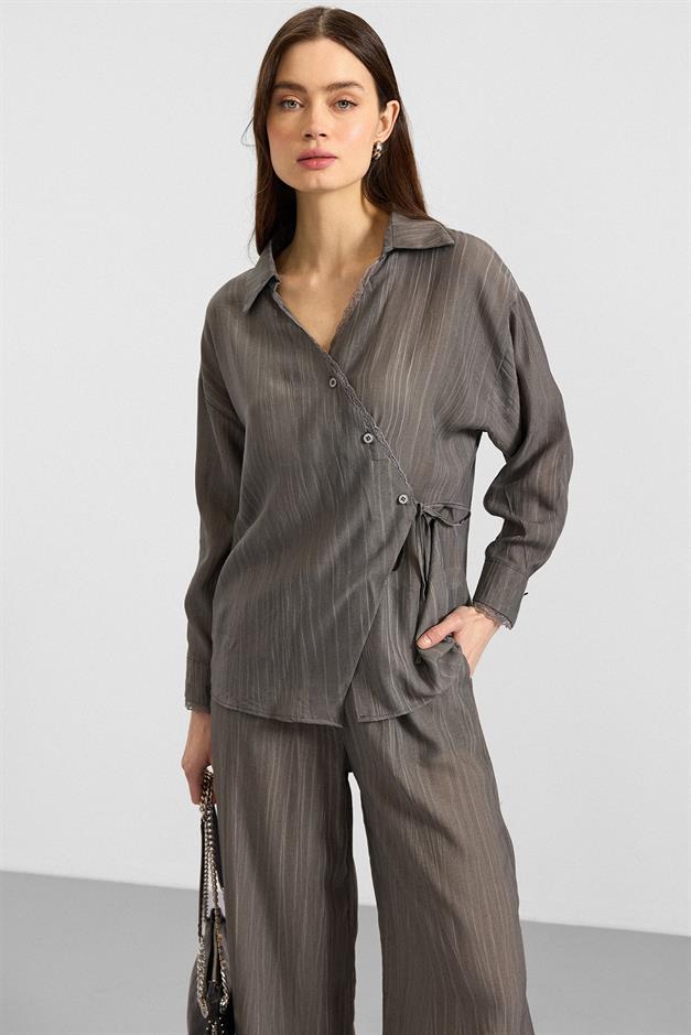 Düğme ve Bağcık Kapamalı Kimono Pantolon İkili Takım ANTRASİT 9414-TK