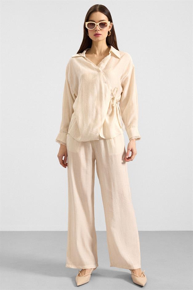 Düğme ve Bağcık Kapamalı Kimono Pantolon İkili Takım KREM 9414-TK