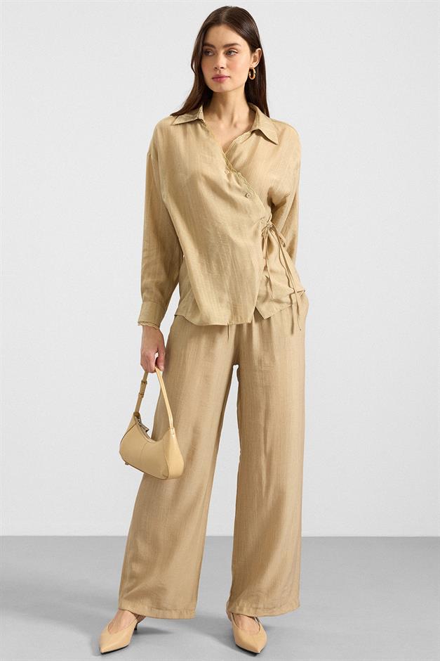 Düğme ve Bağcık Kapamalı Kimono Pantolon İkili Takım AÇIK YEŞİL 9414-TK