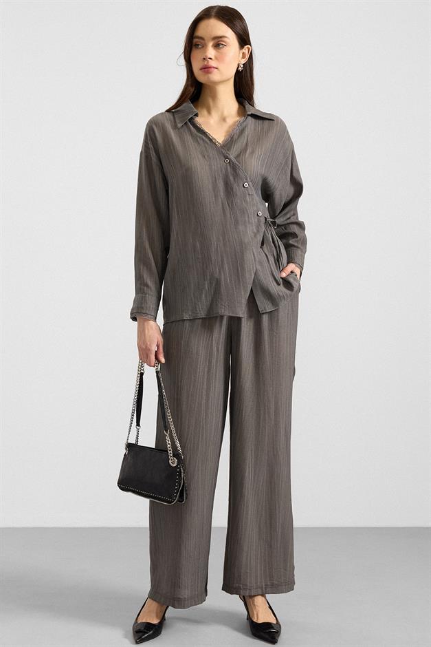 Düğme ve Bağcık Kapamalı Kimono Pantolon İkili Takım ANTRASİT 9414-TK